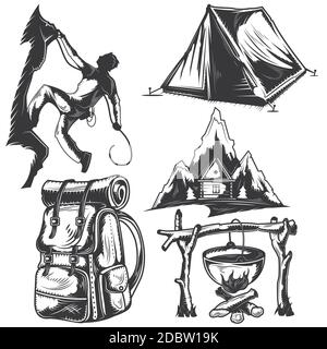 Ensemble d'éléments de camping pour créer vos propres badges, logos, étiquettes, affiches, etc. Isolés sur blanc. Illustration de Vecteur