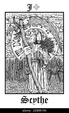 Scythe. Carte de Tarot du vecteur Lénormand Gothique Mystères oracle deck. Illustration gravée en noir et blanc. Dessin d'art de ligne mystique et fantaisie. Obtenu Illustration de Vecteur