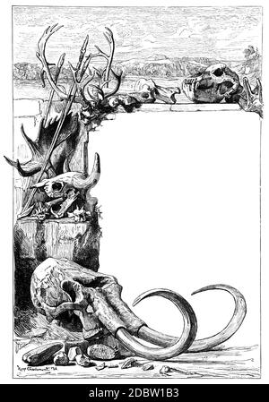 Bordure ou bordure de page entourant les anciens crânes et fossiles, à partir de la gravure des années 1880 Banque D'Images