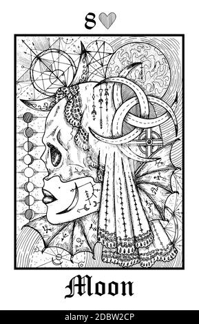 Symbole de lune. Carte de Tarot du vecteur Lénormand Gothique Mystères oracle deck. Illustration gravée en noir et blanc. Dessin d'art de ligne mystique et fantaisie Illustration de Vecteur