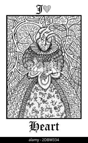 Cœur. Carte de Tarot du vecteur Lénormand Gothique Mystères oracle deck. Illustration gravée en noir et blanc. Dessin d'art de ligne mystique et fantaisie. Goth Illustration de Vecteur