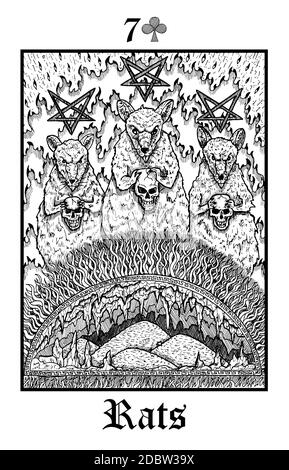 Rats. Carte de Tarot du vecteur Lénormand Gothique Mystères oracle deck. Illustration gravée en noir et blanc. Dessin d'art de ligne mystique et fantaisie. Gothi Illustration de Vecteur