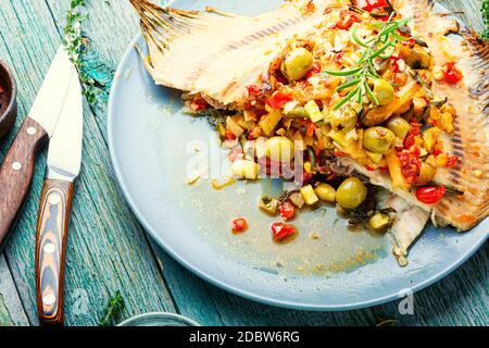 Flet appétissant ou poisson plat cuit avec des légumes.poisson frit avec garniture de légumes Banque D'Images