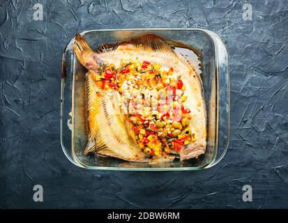 Plie ou poisson plat cuit avec des légumes. Poisson frit avec garniture de légumes Banque D'Images