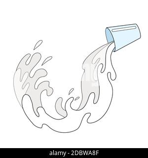 Illustration d'une tasse de lait versé. Contour dessin animé écoulement d'eau. Image en noir et blanc du fluide. Elément de dessin au trait vectoriel pour le menu, article Illustration de Vecteur