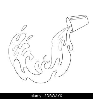 Illustration d'une tasse de lait versé. Débit d'eau de contour. Image en noir et blanc du fluide. Elément de dessin au trait vectoriel pour le menu, les articles, la couleur Illustration de Vecteur