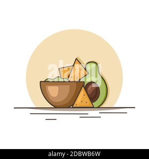 Cuisine mexicaine. Guacamole d'avocat avec chips de maïs de nachos. Illustration du contour de la cuisine nationale. Image vectorielle pour les menus, logos, recettes et Illustration de Vecteur