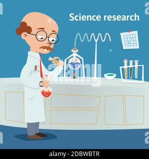 Scientifique faisant des recherches dans un laboratoire chimique avec diverses expériences en cours alors qu'il verse une solution à partir d'un tube à essai dans un bécher vecteur illu Illustration de Vecteur