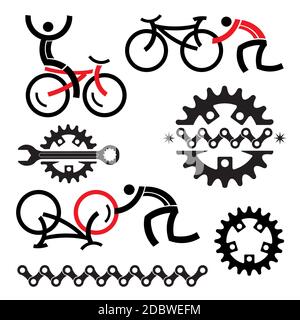 Entretien de réparation de cycles, icônes. Ensemble d'icônes de cyclisme et de parties de vélo. Vecteur disponible. Illustration de Vecteur