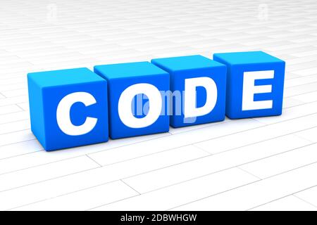 Rendu 3D illustration du mot Code faite de cubes. Banque D'Images