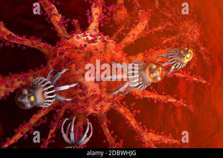 Rendu 3D Illustration de Nano bots attaquer multiplication des cellules de cancer. Banque D'Images