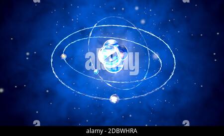 Un atome avec des électrons et des protons se déplaçant dans le microcosmos. Banque D'Images