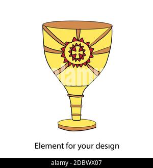 Gobelet en or pour le vin. Le verre est jaune métallique. Emblème vectoriel Banque D'Images