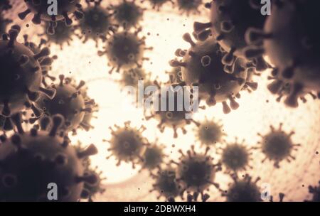 Covid-19, coronavirus. Plusieurs virus covid-19 infectant l'organisme humain. Image conceptuelle du virus à l'intérieur des cellules humaines. Banque D'Images