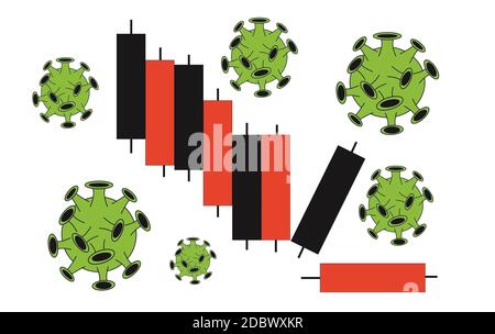 Effet du coronavirus sur l'économie. Économie problèmes de crise dus au verrouillage, à la fermeture des affaires et à la pandémie. Cellules vertes Covid-19 près des barres commerciales Banque D'Images