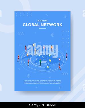 les professionnels du réseau mondial se tiennent sur la carte du monde pour le modèle de la bannière et de la circulaire pour l'impression de la couverture et de l'affiche du magazine Illustration de Vecteur