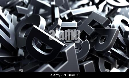 concept d'illustration 3d gros plan de nombreuses lettres noires métalliques fond avec des bords usés texture et faible profondeur de champ Banque D'Images