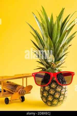 Célébrez le concept de la Journée des ananas d'été, ananas frais drôle dans des supports de lunettes de soleil avec un avion modèle, studio tourné isolé sur fond jaune, Holi Banque D'Images