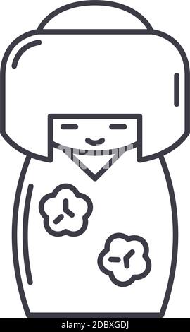 Icône Kokeshi, illustration isolée linéaire, vecteur de ligne mince, signe de conception web, symbole de concept de contour avec contour modifiable sur fond blanc. Illustration de Vecteur