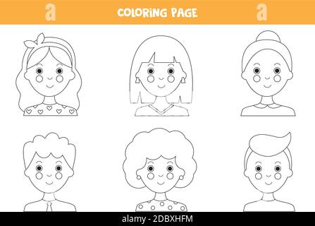 Page de coloriage avec avatars pour filles et garçons. Illustration de Vecteur