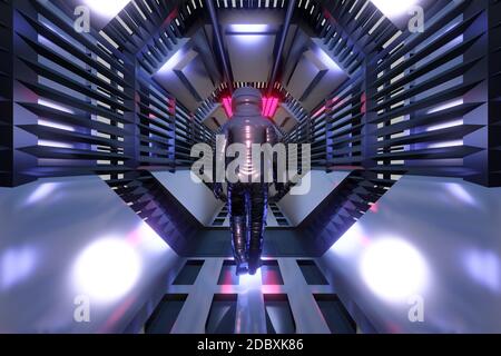 Rendu 3D illustration d'un astronaute dans un tunnel de l'architecture de science-fiction d'un vaisseau spatial ou de la station. Banque D'Images