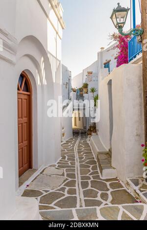 Allée cycladitique traditionnelle avec une rue étroite, des maisons blanchies à la chaux et un bougainvilliers en fleur sur l'île de Marpissa Paros, Grèce. Banque D'Images