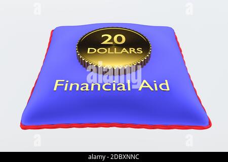 Illustration en 3D d'une pièce d'or de 20 DOLLARS et d'un titre d'aide financière sur un coussin en velours bleu, isolé sur un dégradé gris. Banque D'Images