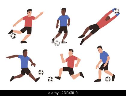 Ensemble de joueurs de football de dessin animé pour hommes. Illustration vectorielle isolée. Des personnes actives jouant au football dans différentes poses. Illustration de Vecteur