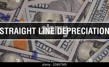Gros plan sur le concept de texte d'amortissement linéaire. Dollars américains argent comptant, rendu 3D. Amortissement linéaire sur billet de banque en dollars. Finances États-Unis Banque D'Images