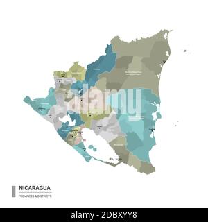 Carte détaillée de l'higt du Nicaragua avec subdivisions. Carte administrative du Nicaragua avec le nom des districts et des villes, coloré par les États et l'administration di Illustration de Vecteur