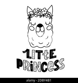 Image en noir et blanc de la jolie tête de dessin animé de lama et lettering - petite princesse - dans les graphiques vectoriels. Pour la conception de cartes postales, affiches Illustration de Vecteur