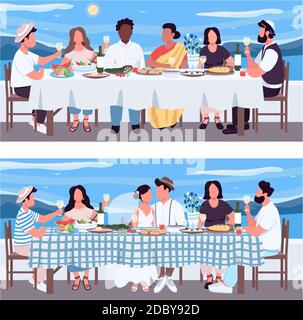 Ensemble d'illustrations vectorielles de couleur pour banquet grec. Célébration de mariage à table. Amis en vacances en Grèce. Personnages de dessin animé 2D multiethniques avec s Illustration de Vecteur