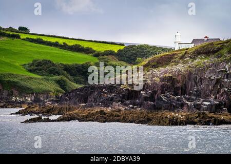 Vue sur la baie de Dingle et le phare sur la falaise avec des champs verts en arrière-plan, Co Kerry, Irlande Banque D'Images