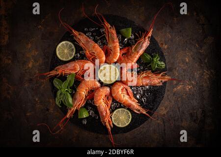 Plat de crevettes crues dans une coquille avec glace Banque D'Images