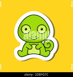 Joli dessin animé sticker petit modèle de logo caméléon. Mascotte animal personnage design de l'album, album, album, carte de voeux, invitation, prospectus, autocollant Illustration de Vecteur