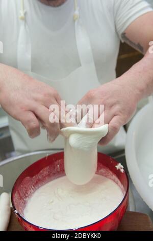production de la mozzarella typique des pouilles appelée burrata. remplissage du burrata. Banque D'Images