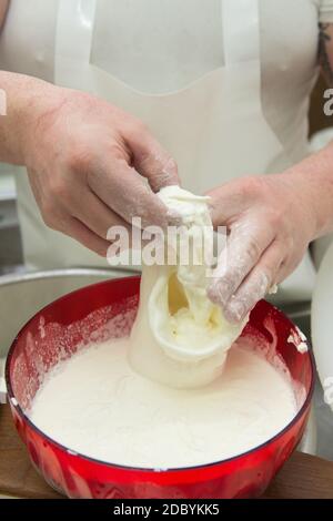 production de la mozzarella typique des pouilles appelée burrata. remplissage du burrata. Banque D'Images
