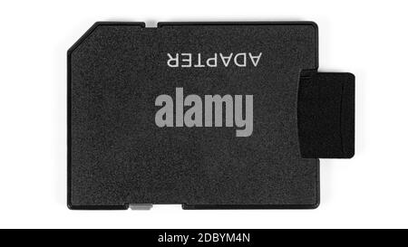 Vue de dessus de la carte mémoire microSD dans l'adaptateur isolé sur arrière-plan blanc avec masque Banque D'Images