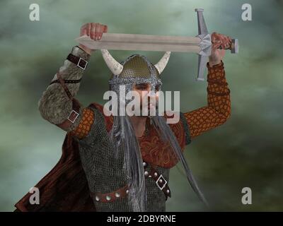 Un guerrier viking encourage ses hommes en portant une épée au-dessus de sa tête dans un acte d'agression. Banque D'Images