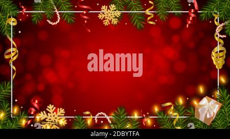 Fond rouge de Noël avec des branches de pin réalistes, guirlandes brillantes, boîte de cadeaux, bonbons, flocon de neige or, tinsel. Modèle pour bannière de Noël Illustration de Vecteur