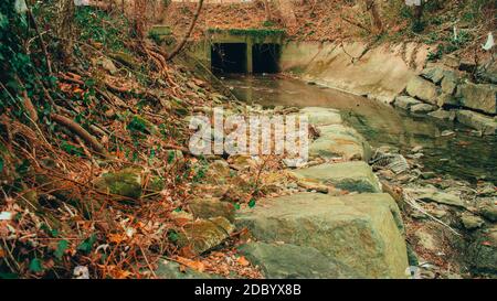 Un tunnel sombre et spooky dans un ruisseau peu profond dedans Une forêt d'automne Banque D'Images