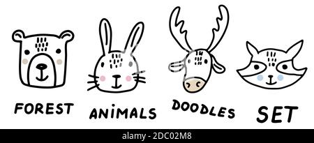 Ensemble de caniche pour animaux de la forêt. Collection de dessins animés à la main. Ours, lapin, cerf, raton laveur. Illustration vectorielle. Illustration de Vecteur