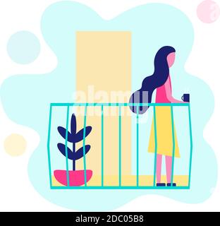 Femme debout sur le balcon et qui boit du café. Isolement de pendant le coronavirus. Illustration vectorielle de style plat. Illustration de Vecteur