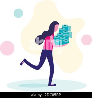 Panique shopping pendant la pandémie de coronavirus. Une femme achète du papier toilette en vrac. Illustration vectorielle plate. Illustration de Vecteur