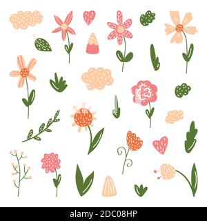 Un ensemble de fleurs aux couleurs vives et magnifiques du printemps. Joli jardin de printemps et éléments naturels isolés sur blanc pour cartes de voeux, Pâques, Fête des mères Illustration de Vecteur