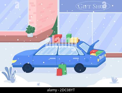 Auto avec cadeaux achetés illustration vectorielle couleur plate Illustration de Vecteur