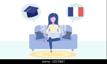 Apprentissage du français en ligne, concept d'enseignement à distance. Formation linguistique et cours. Une étudiante étudie des langues étrangères sur un site Web dans un ordinateur portable Illustration de Vecteur