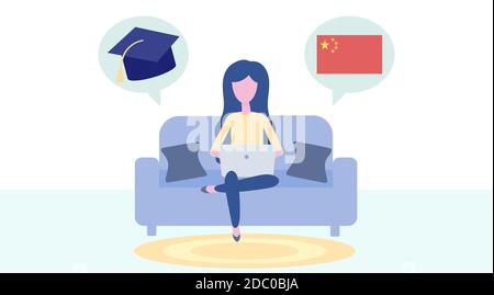 Apprentissage chinois en ligne, concept d'enseignement à distance. Formation linguistique et cours. Une étudiante étudie des langues étrangères sur un site Web dans un ordinateur portable Illustration de Vecteur