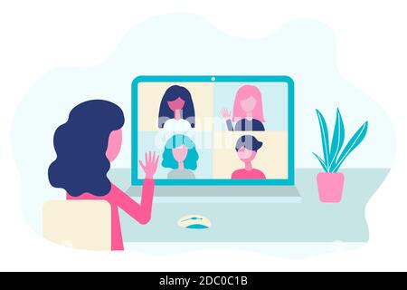 Vidéo conférence. Groupe de personnes sur écran d'ordinateur, conversation virtuelle. Concept de vecteur de communication en ligne en conception plate. Illustration de Vecteur