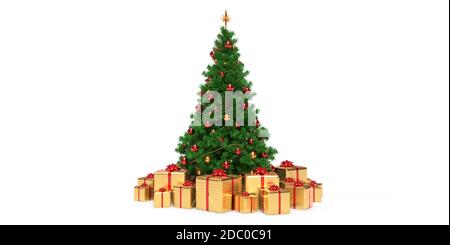 Sapin de noël vert avec cadeaux dorés rendu 3D Banque D'Images